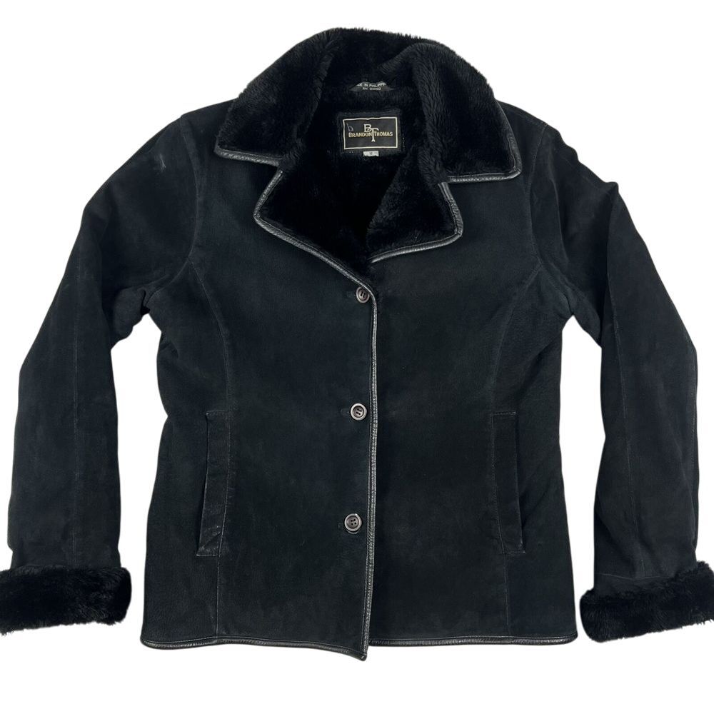 Brandon Thomas Jacket Womens Medium Faux Fur Lined Black Suede Style Cozy‎
